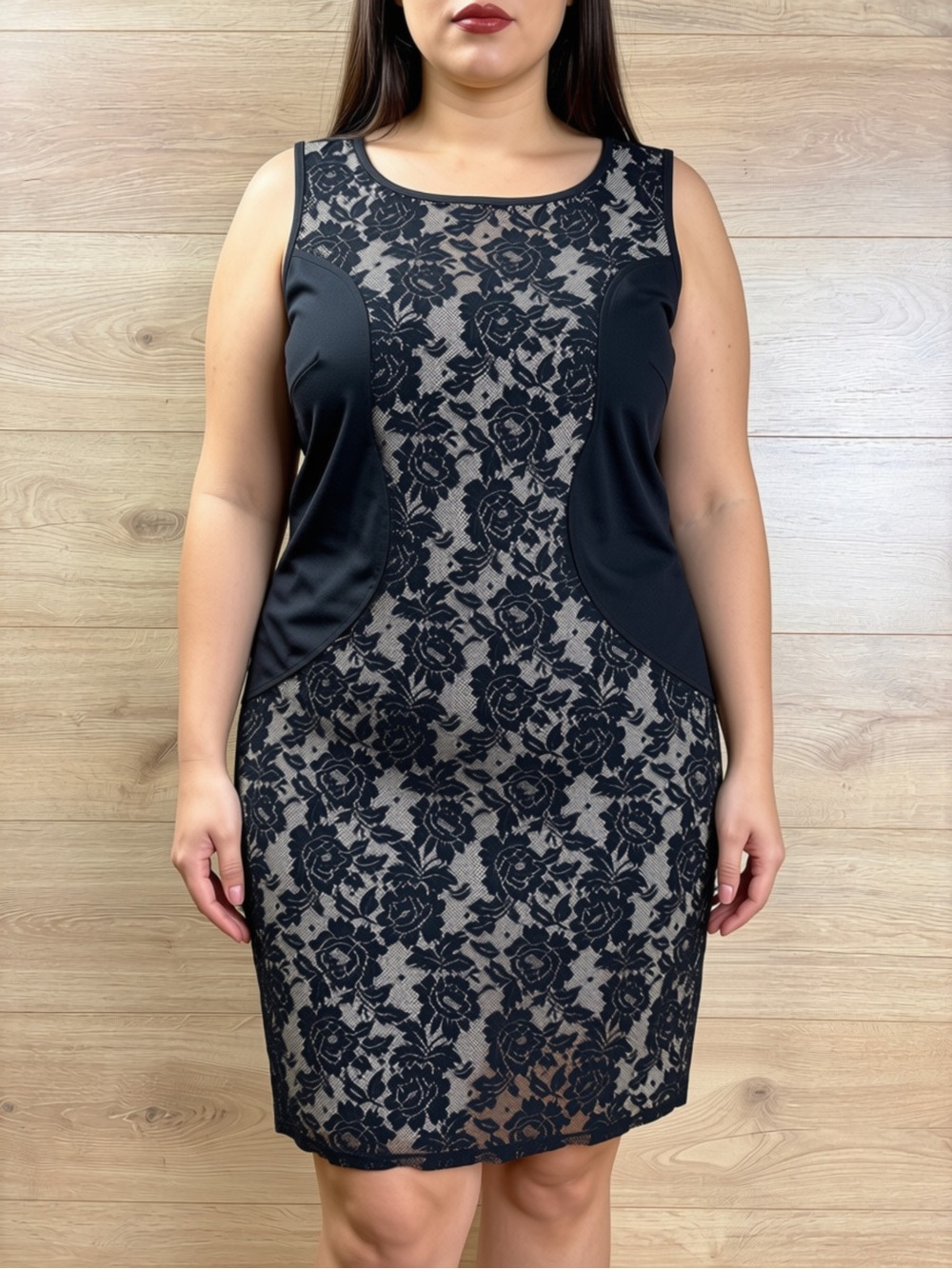 Love Squared Plus Size Black Lace-Panel Sheath Dress